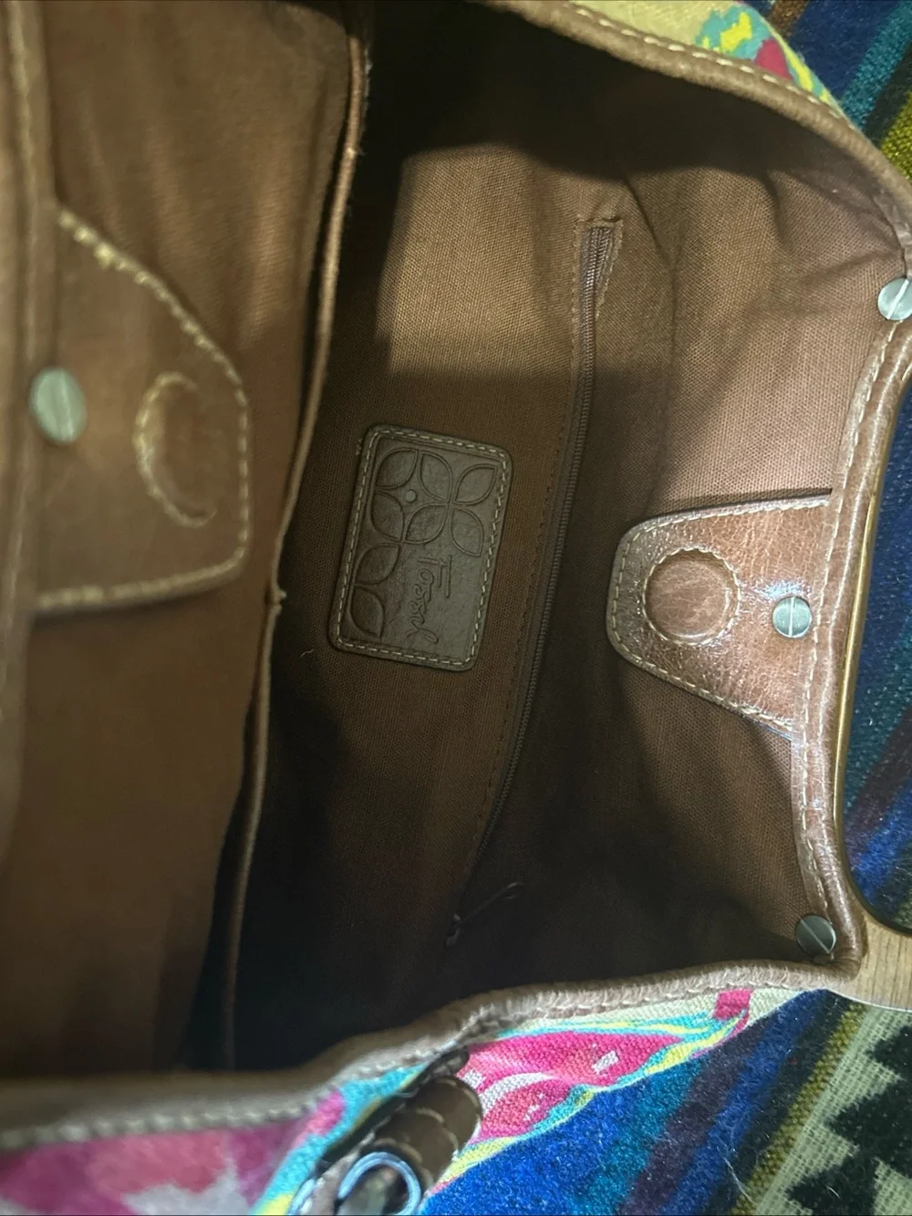 Fossil Wooden Handle Floral Canvas & Leather Trim Woven Crossbody Bag Satchel